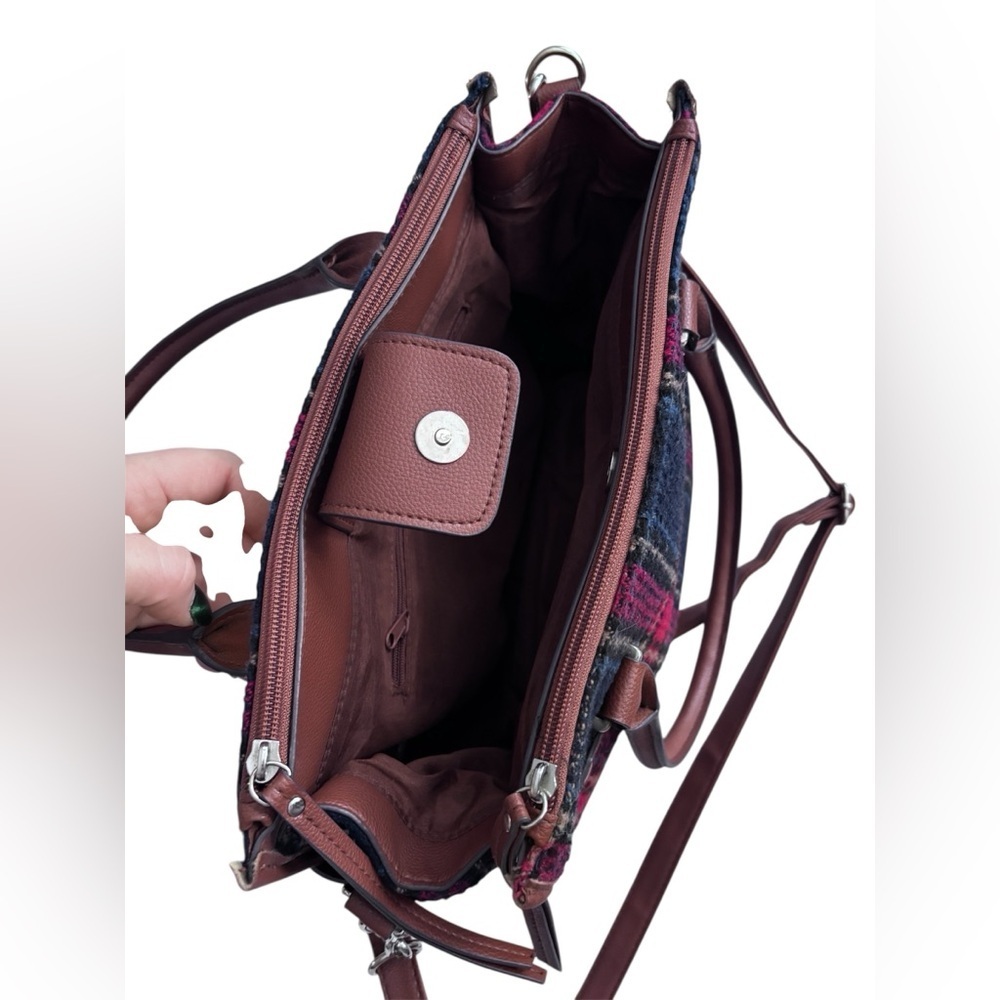 Plaid Wool Blend Satchel Handbag with Brown Faux Leather Trim — Great Storage! - Picture 7 of 8